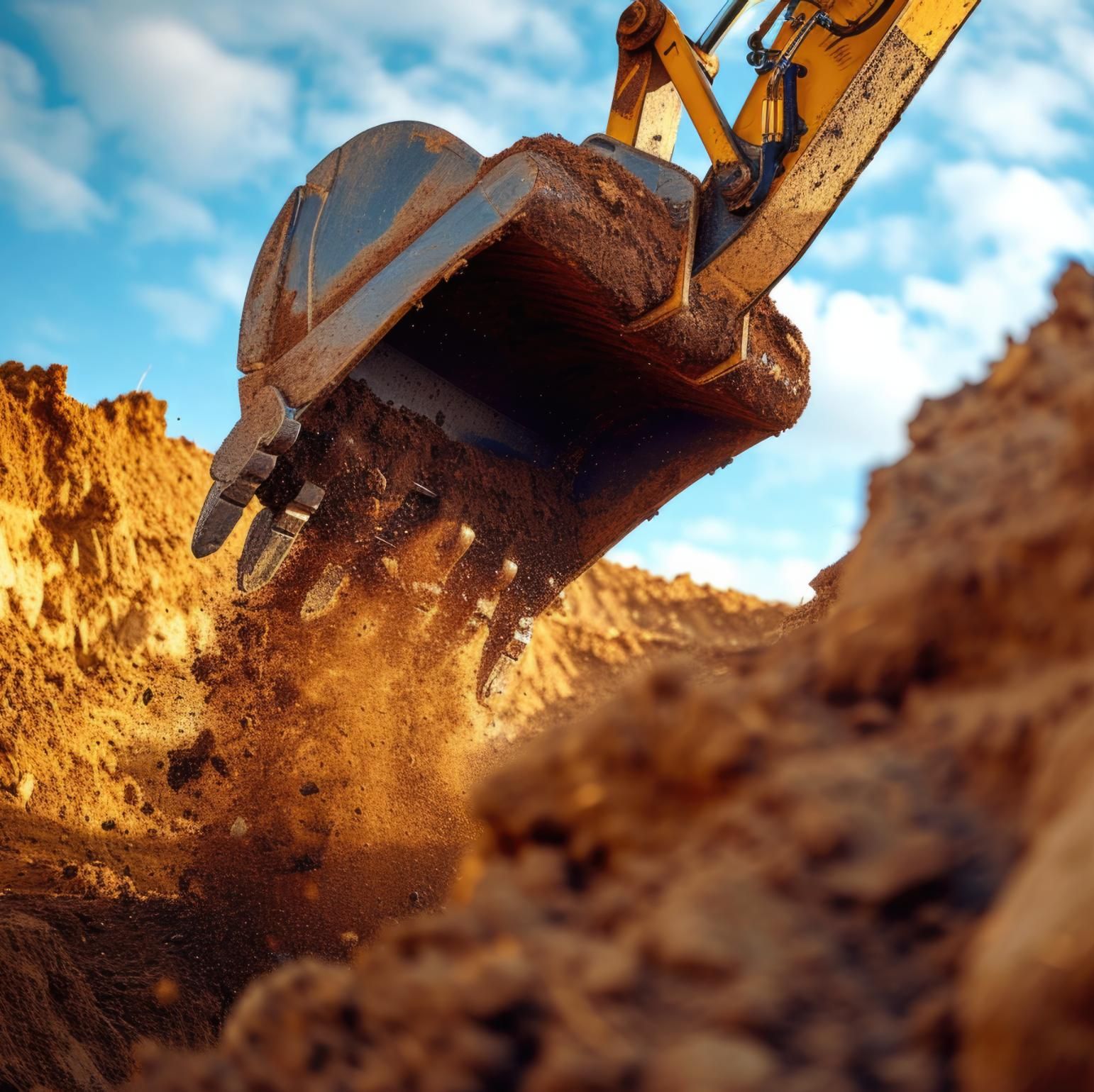 Nærbilde av gravemaskinskuffe som graver i sand og jord.